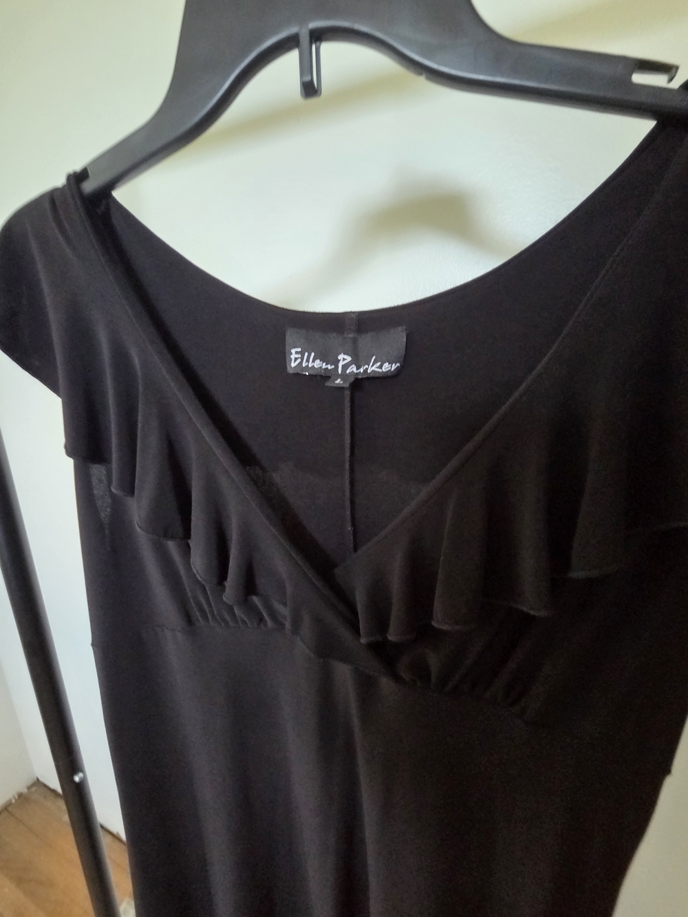 Black Midi Dress with V-Neck Ruffle